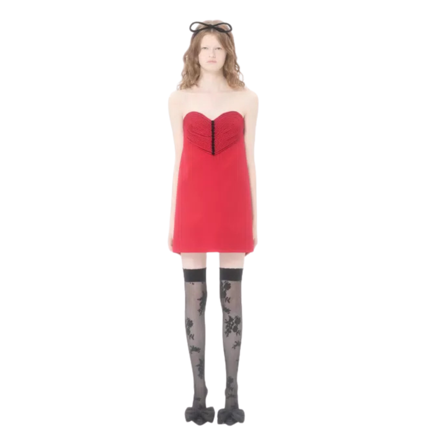 Robe Courte VALENTINO bustier coeur Brodée en Crêpe Couture laine soie rouge