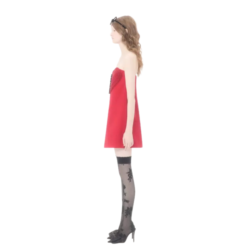 Robe Courte VALENTINO bustier coeur Brodée en Crêpe Couture laine soie rouge