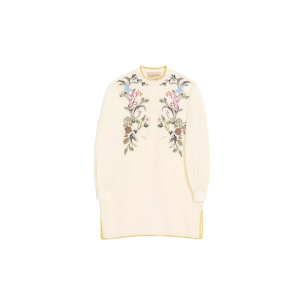 Robe courte vALNETINO en lin écru avec broderie de fil floral multicolore