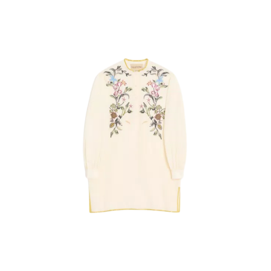 Robe courte vALNETINO en lin écru avec broderie de fil floral multicolore