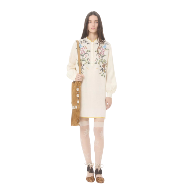 Robe courte vALNETINO en lin écru avec broderie de fil floral multicolore