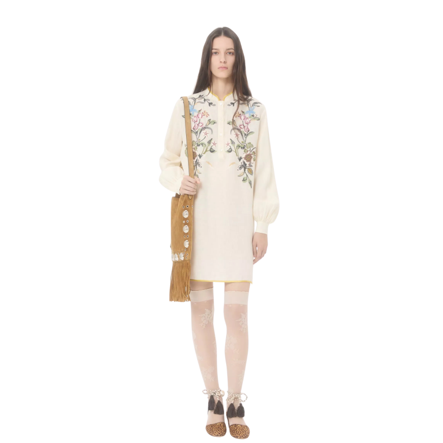 Robe courte vALNETINO en lin écru avec broderie de fil floral multicolore