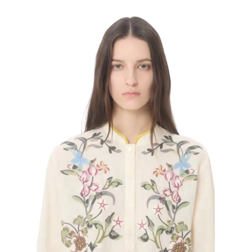 Robe courte vALNETINO en lin écru avec broderie de fil floral multicolore