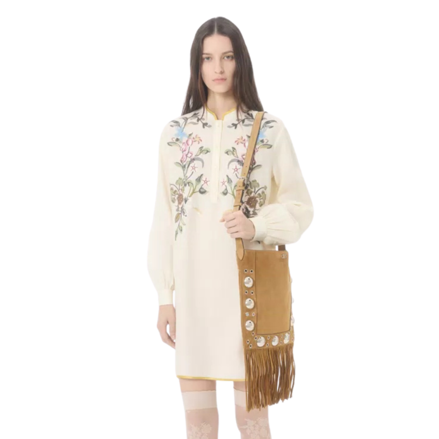 Robe courte vALNETINO en lin écru avec broderie de fil floral multicolore