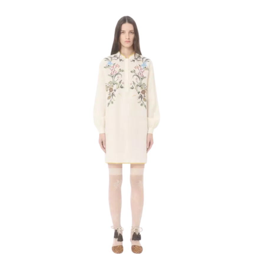 Robe courte vALNETINO en lin écru avec broderie de fil floral multicolore