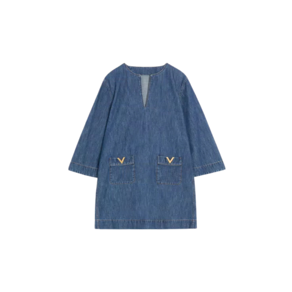 Robe courte VALENTINO en denim chambray bleu avec V Gold poches