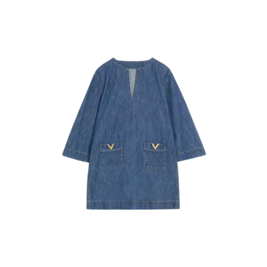 Robe courte VALENTINO en denim chambray bleu avec V Gold poches