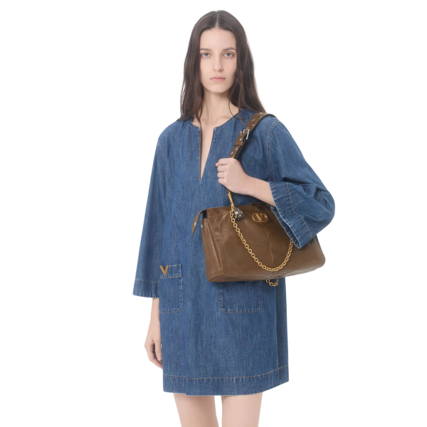 Robe courte VALENTINO en denim chambray bleu avec V Gold poches