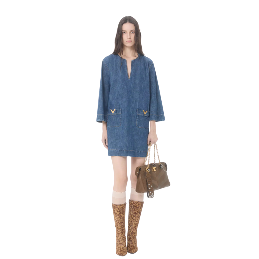 Robe courte VALENTINO en denim chambray bleu avec V Gold poches