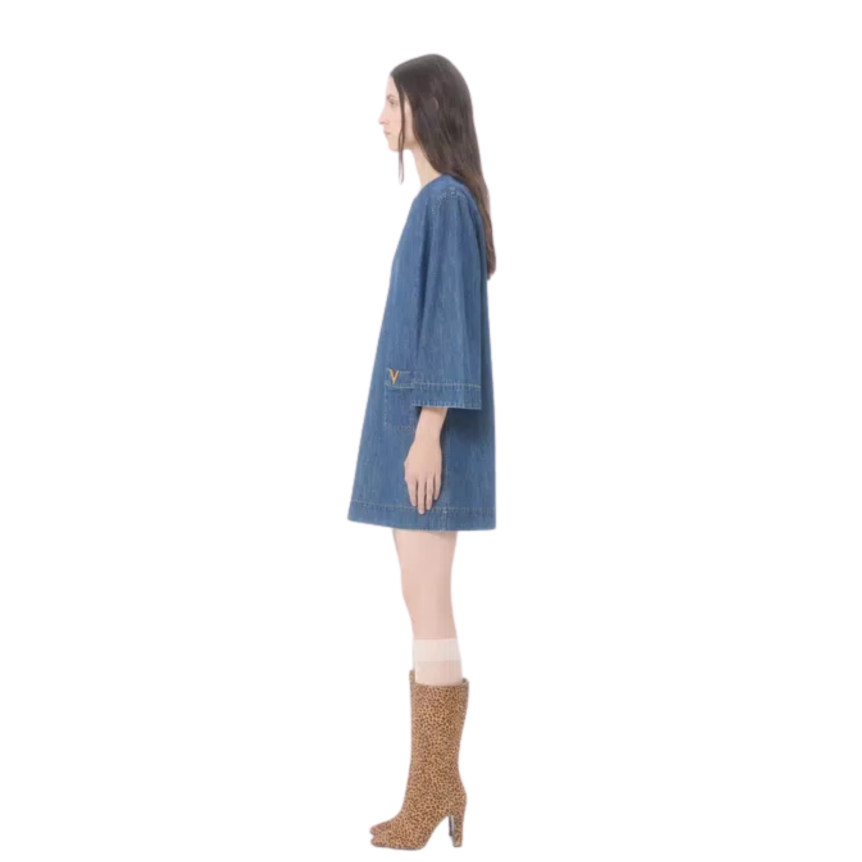Robe courte VALENTINO en denim chambray bleu avec V Gold poches