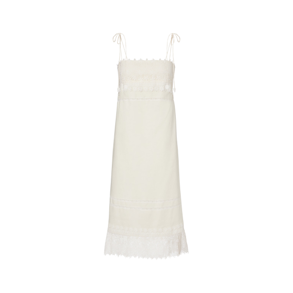 Robe midi ivoire VALENTINO fine bretelle en lin écru avec broderies Sangallo