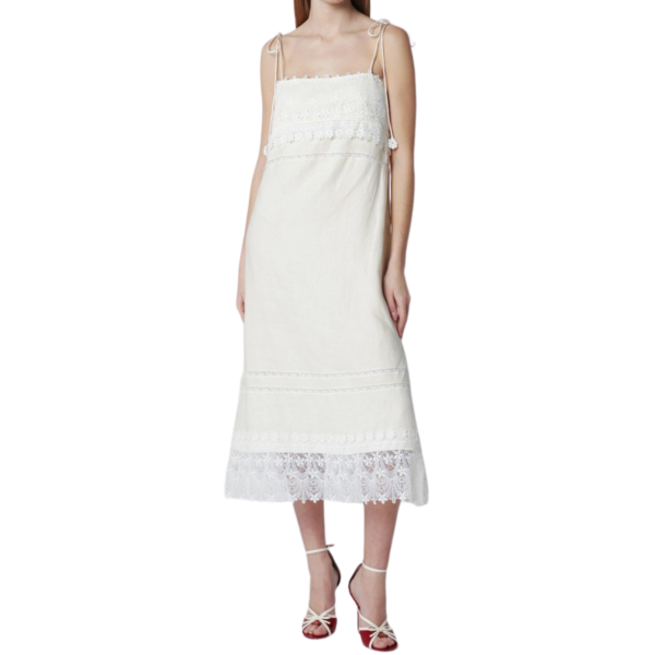 Robe midi ivoire VALENTINO fine bretelle en lin écru avec broderies Sangallo