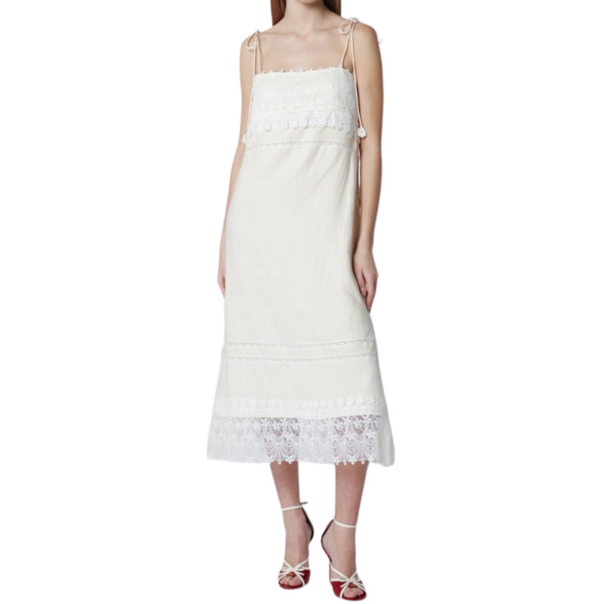 Robe midi ivoire VALENTINO fine bretelle en lin écru avec broderies Sangallo