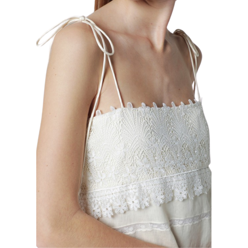 Robe midi ivoire VALENTINO fine bretelle en lin écru avec broderies Sangallo