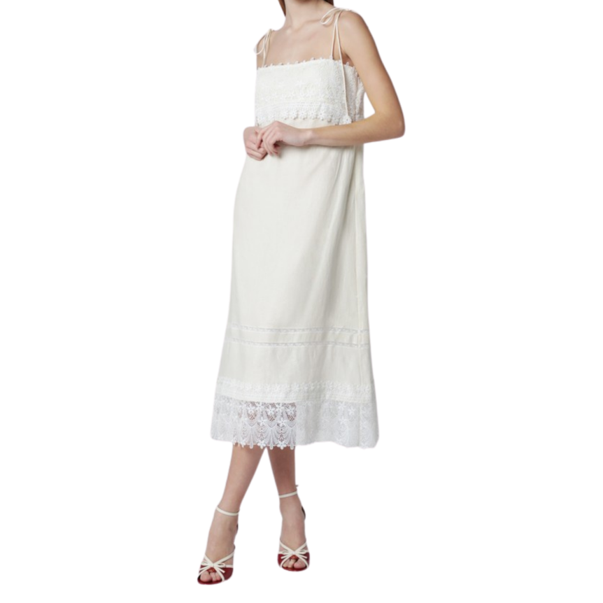 Robe midi ivoire VALENTINO fine bretelle en lin écru avec broderies Sangallo
