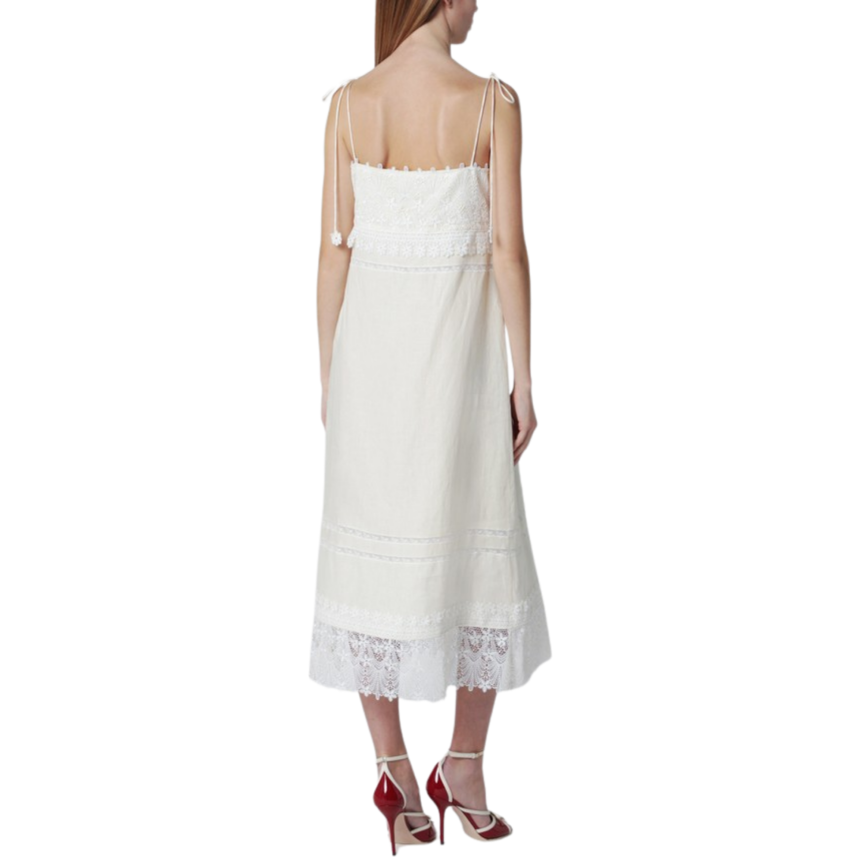 Robe midi ivoire VALENTINO fine bretelle en lin écru avec broderies Sangallo