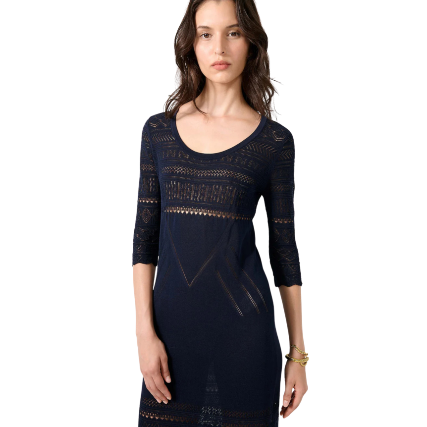 Robe longue fendue BARBARA BUI en maille coton bleu navy