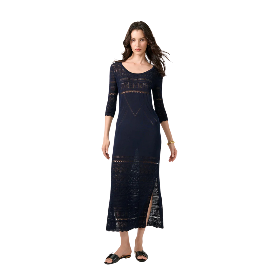 Robe longue fendue BARBARA BUI en maille coton bleu navy