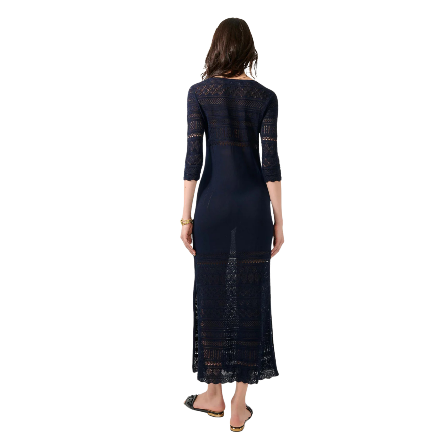 Robe longue fendue BARBARA BUI en maille coton bleu navy