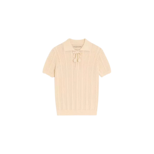 Pull polo VALENTINO en maille de coton écru avec détail Cherryfic au crochet noeud cerise