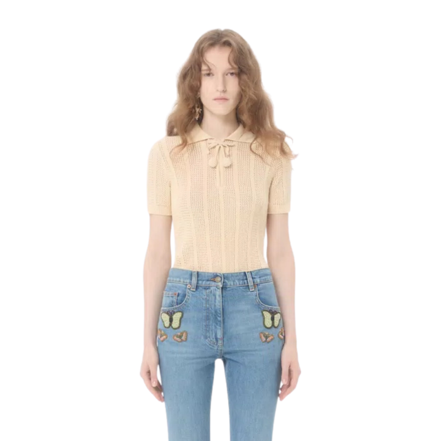 Pull polo VALENTINO en maille de coton écru avec détail Cherryfic au crochet noeud cerise