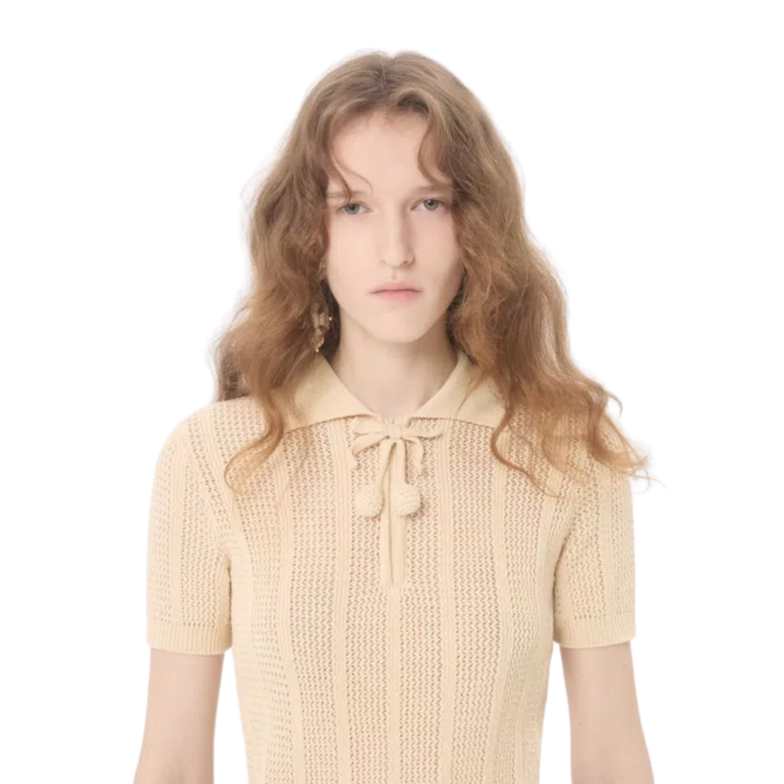 Pull polo VALENTINO en maille de coton écru avec détail Cherryfic au crochet noeud cerise