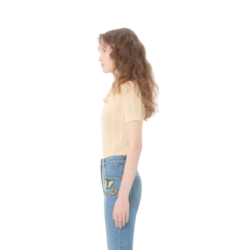 Pull polo VALENTINO en maille de coton écru avec détail Cherryfic au crochet noeud cerise