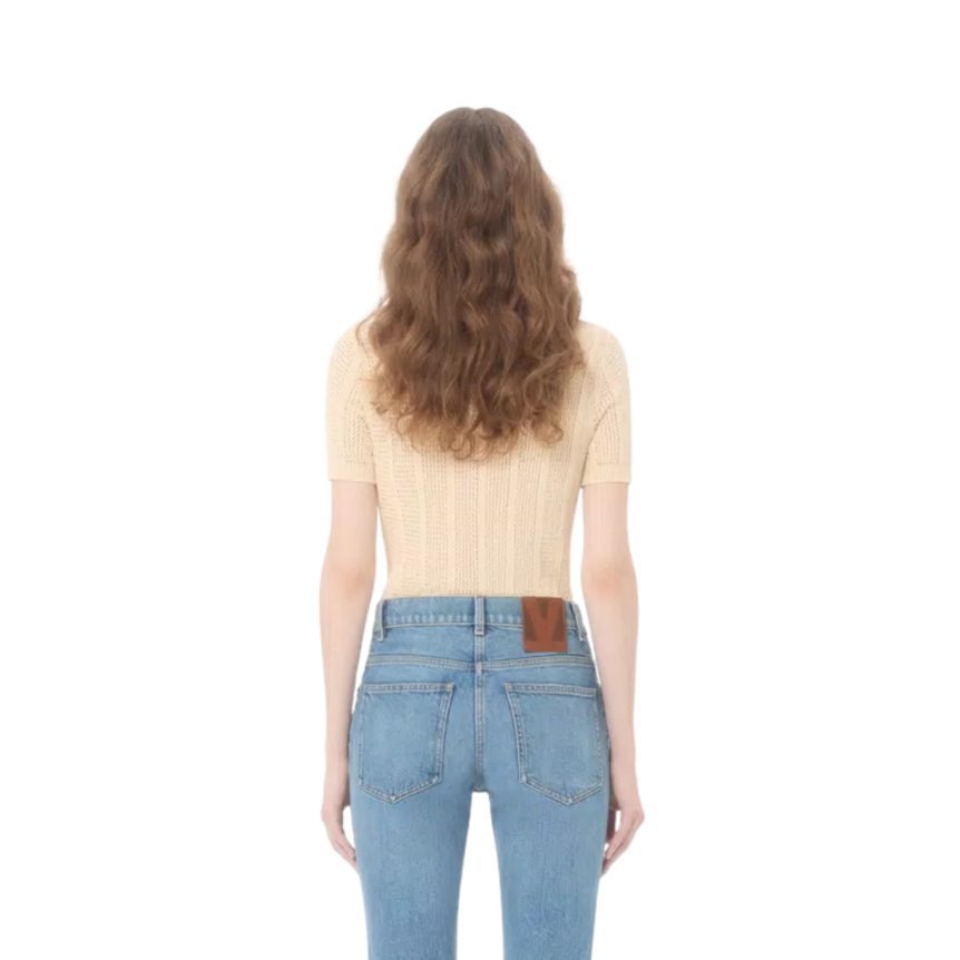 Pull polo VALENTINO en maille de coton écru avec détail Cherryfic au crochet noeud cerise