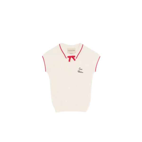 Top maille VALENTINO manche courte col polo coton viscose beige ganse noeud rouge