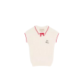 Top maille manche courte col polo coton viscose beige ganse noeud rouge