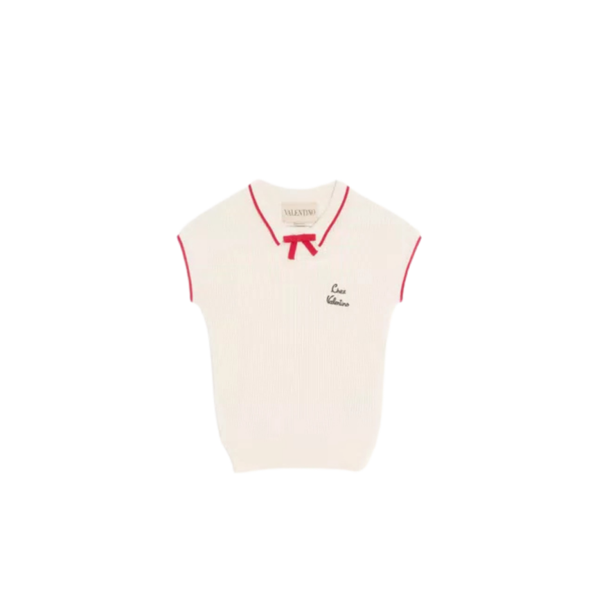 Top maille VALENTINO manche courte col polo coton viscose beige ganse noeud rouge
