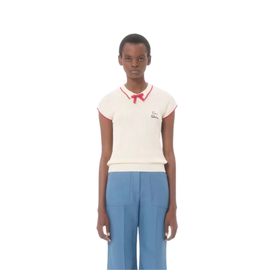 Top maille VALENTINO manche courte col polo coton viscose beige ganse noeud rouge