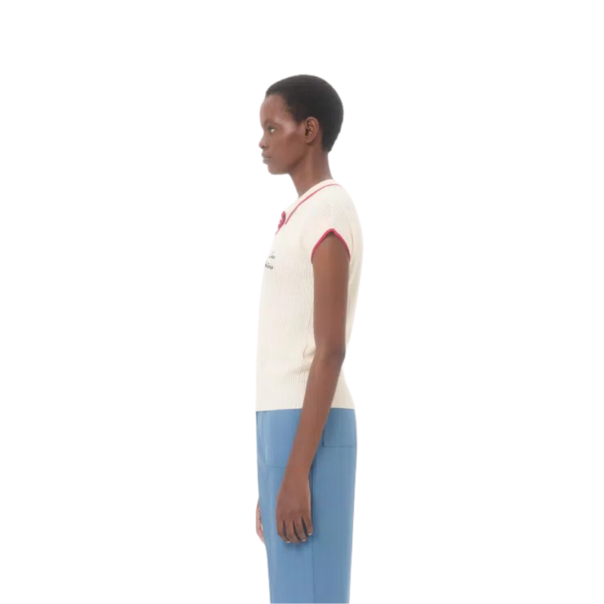 Top maille VALENTINO manche courte col polo coton viscose beige ganse noeud rouge