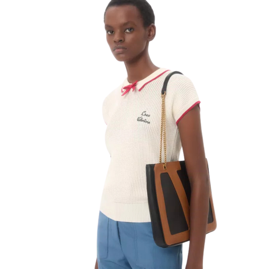 Top maille VALENTINO manche courte col polo coton viscose beige ganse noeud rouge