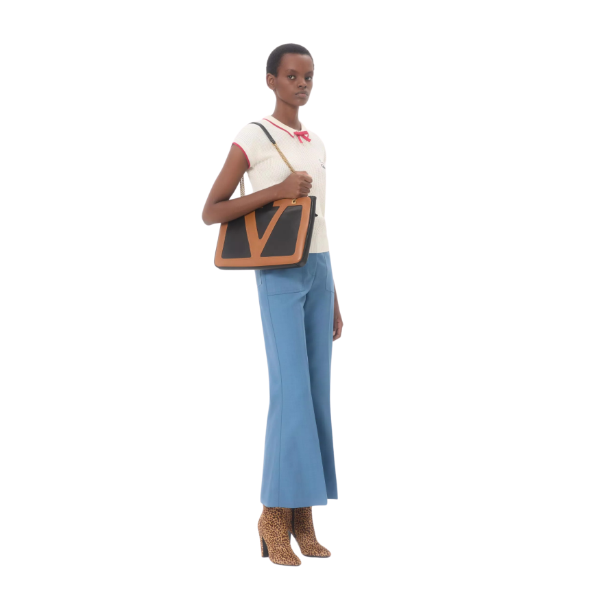 Top maille VALENTINO manche courte col polo coton viscose beige ganse noeud rouge