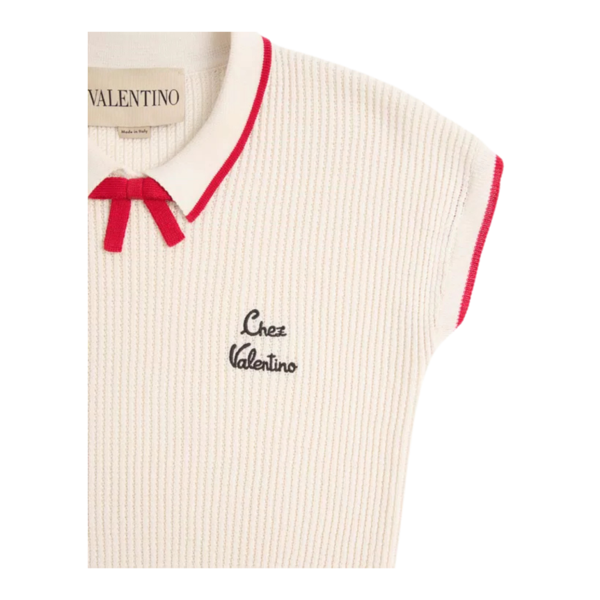 Top maille VALENTINO manche courte col polo coton viscose beige ganse noeud rouge