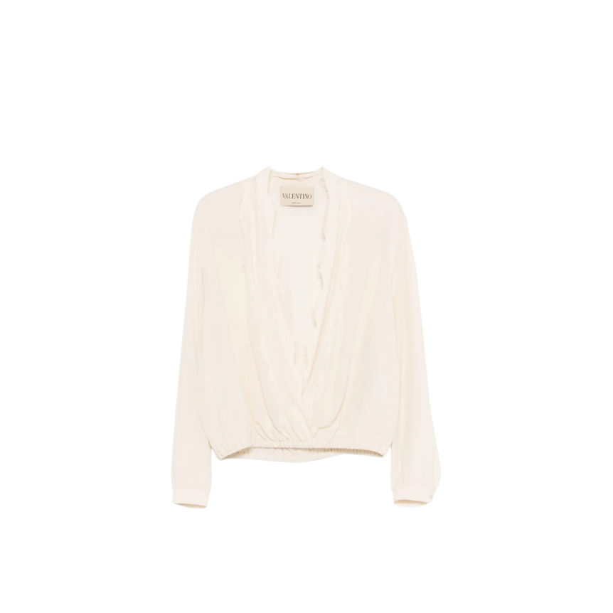 Blouse VALENTINO soie crêpe vanille  col V dentelle