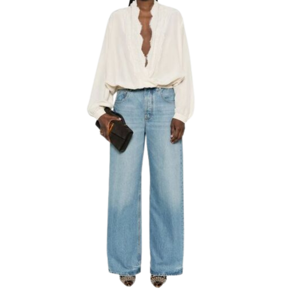 Blouse VALENTINO soie crêpe vanille  col V dentelle