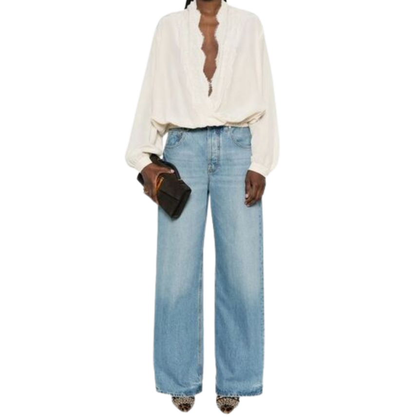 Blouse VALENTINO soie crêpe vanille  col V dentelle