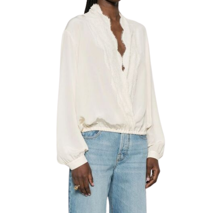Blouse VALENTINO soie crêpe vanille  col V dentelle