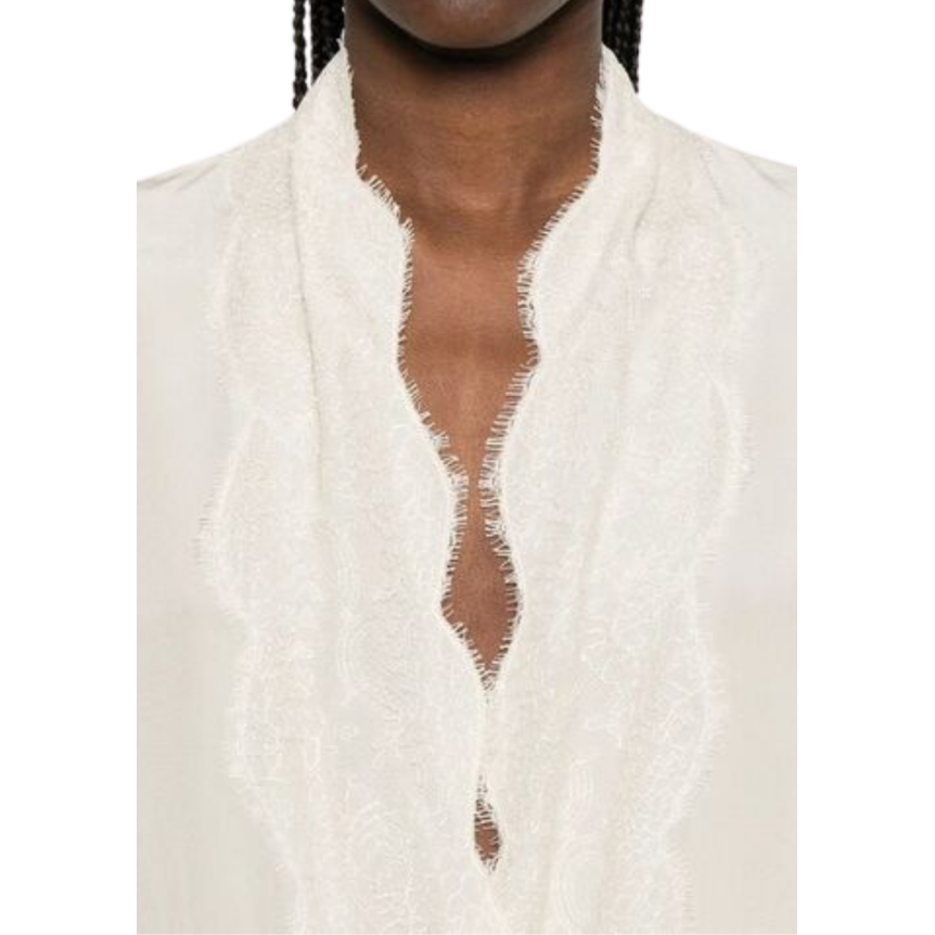 Blouse VALENTINO soie crêpe vanille  col V dentelle