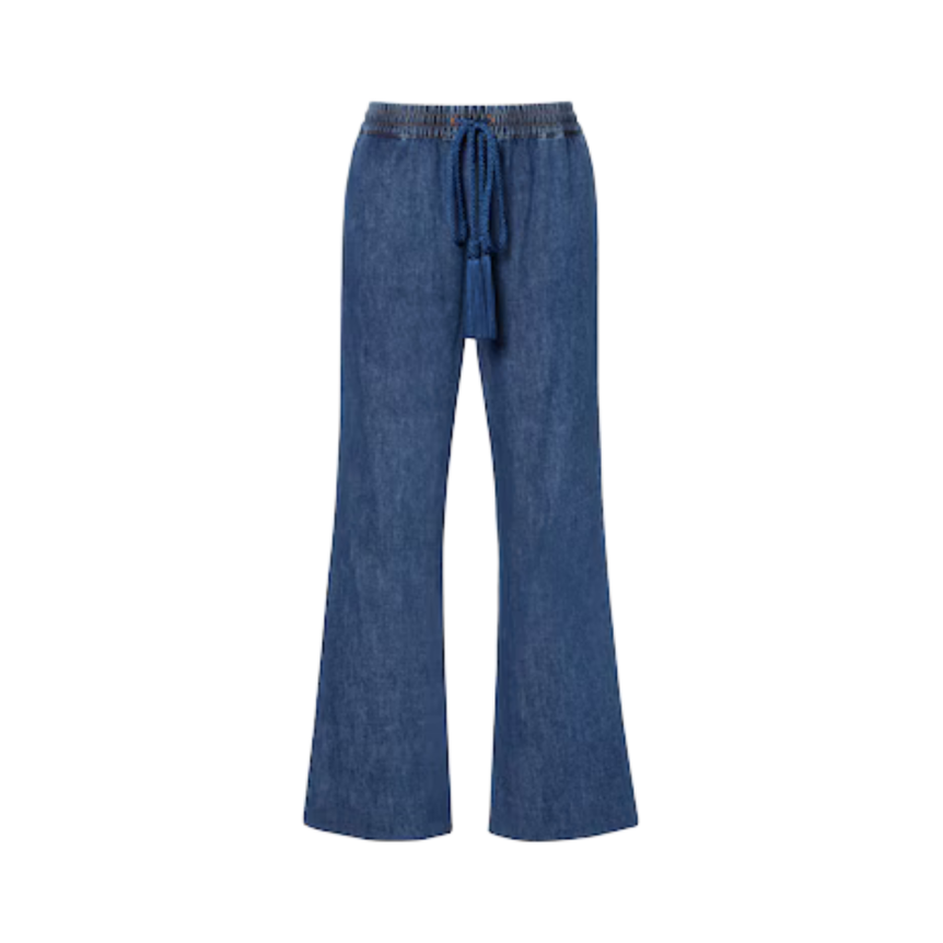 VALENTINO Jean large en chambray bleu taille élastique cordon poche V doré