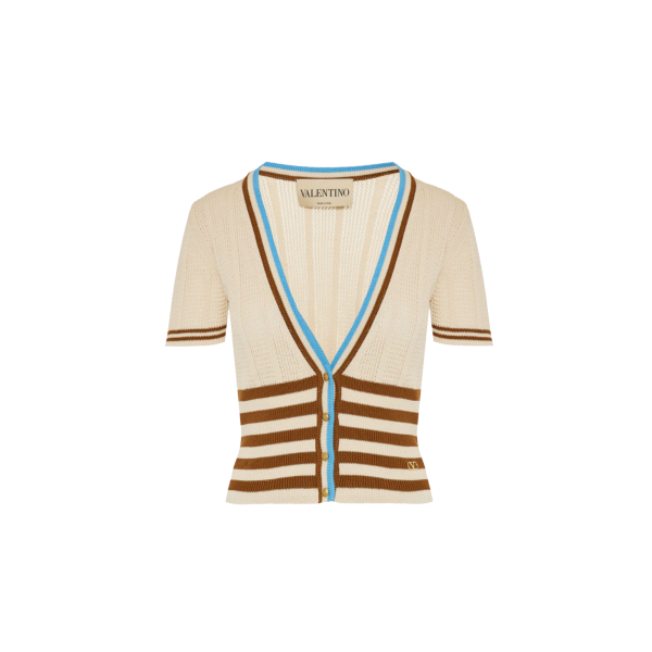 Cardigan VALENTINO à manche courte coton ajouré beige rayures col v boutons V logo doré