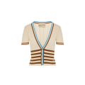 Cardigan à manche courte coton ajouré beige rayures col v boutons V logo doré