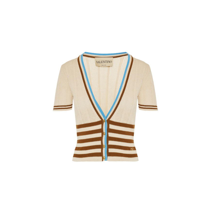 Cardigan VALENTINO à manche courte coton ajouré beige rayures col v boutons V logo doré
