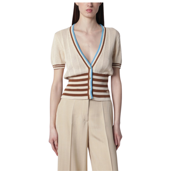 Cardigan VALENTINO à manche courte coton ajouré beige rayures col v boutons V logo doré