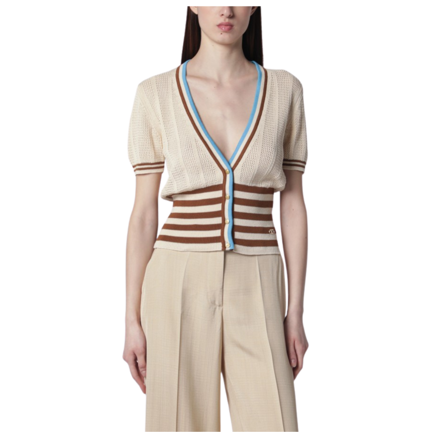 Cardigan VALENTINO à manche courte coton ajouré beige rayures col v boutons V logo doré