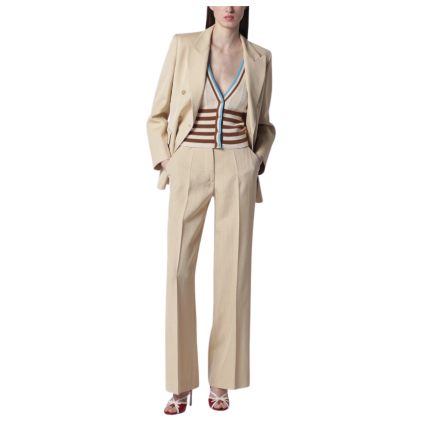 Cardigan VALENTINO à manche courte coton ajouré beige rayures col v boutons V logo doré