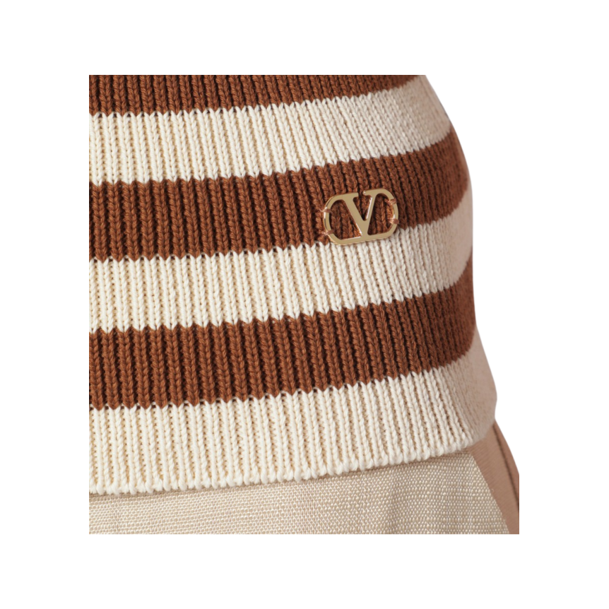 Cardigan VALENTINO à manche courte coton ajouré beige rayures col v boutons V logo doré