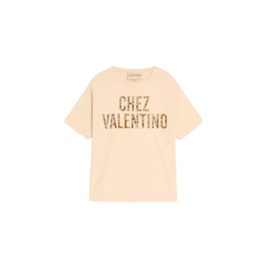 T-shirt VALENTINO col rond coton beige broderie Chez Valentino fleurs